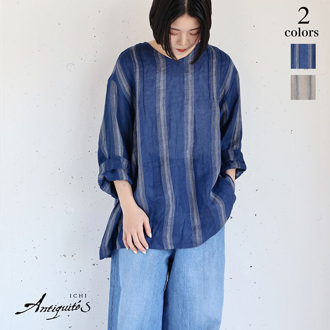 iCHi Antiquites(イチアンティークス) INDIGOSTRIPE LINEN P/O インディゴストライプリネンプルオーバー 900914