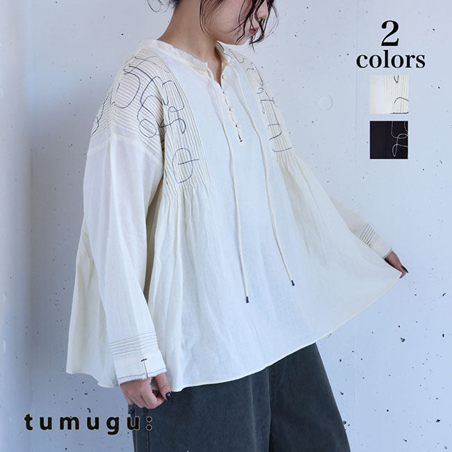 tumugu:(ツムグ) コットンモスピンタック刺繍2WAYブラウス　TB25309