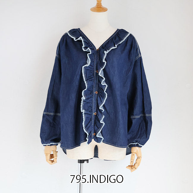 tumugu:(ツムグ) ライトオンデニムフリルブラウス　TB25325