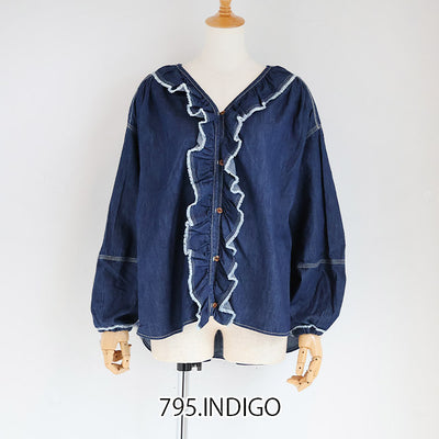 tumugu:(ツムグ) ライトオンデニムフリルブラウス　TB25325