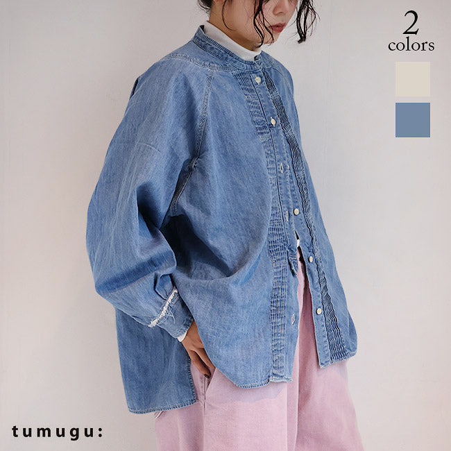 tumugu:(ツムグ) ライトオンスデニムピンタックシャツブラウス　TB25326