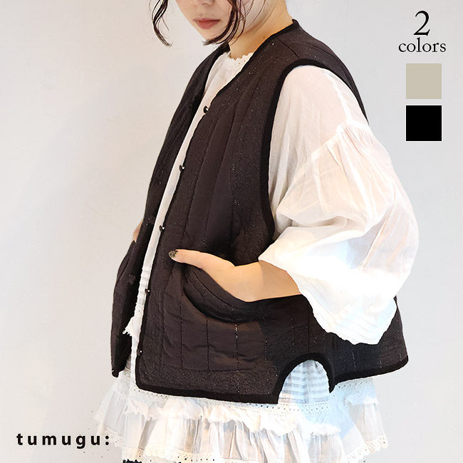 tumugu:(ツムグ) ステッチ刺繍コットンサテンキルトベスト　TB25331