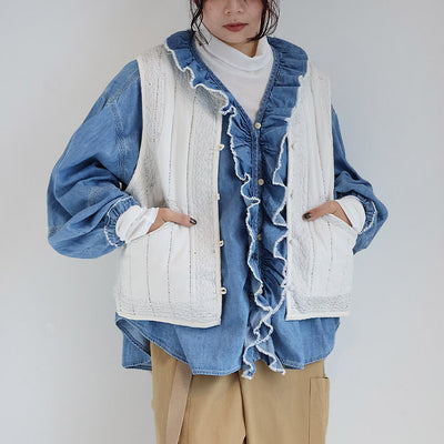 tumugu:(ツムグ) ステッチ刺繍コットンサテンキルトベスト　TB25331